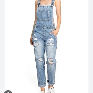 Black Lable, Medium Wash, Baggy Distressed Denim Overalls